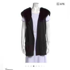 Theory Women's Black Fur Trim Sweater Vest with fur hood
